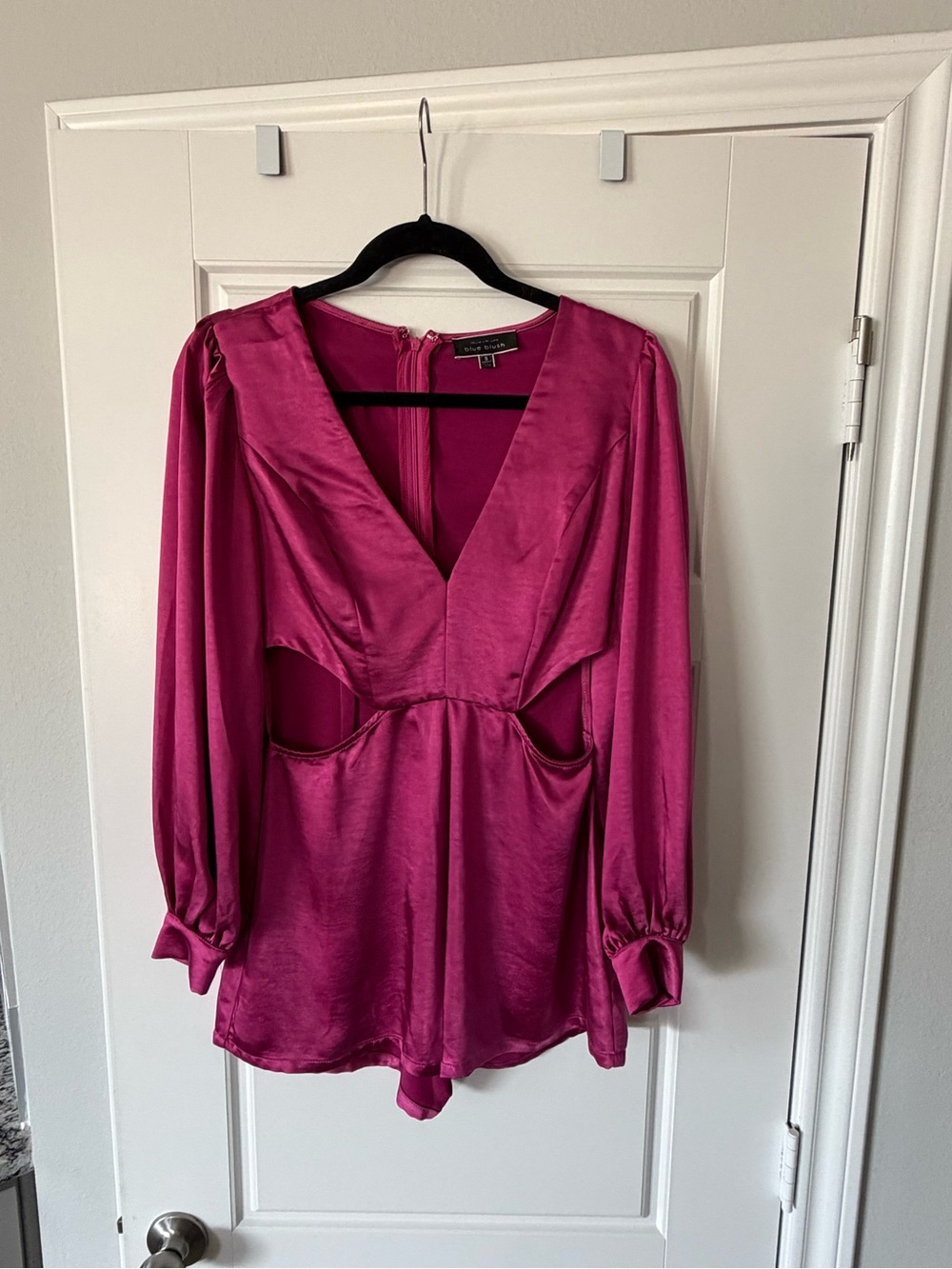 Fuchsia Satin Long-Sleeve V-Neck Romper